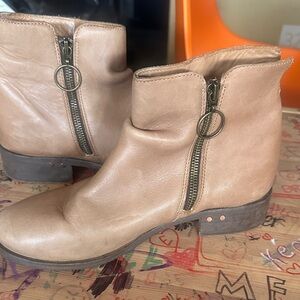 beek Tan Leather Zip Ring Ankle Booties